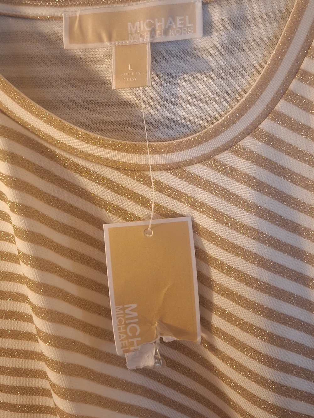 Michael Kors Metallic Gold and White Striped Short Sleeve Dress - Picture 3 of 6